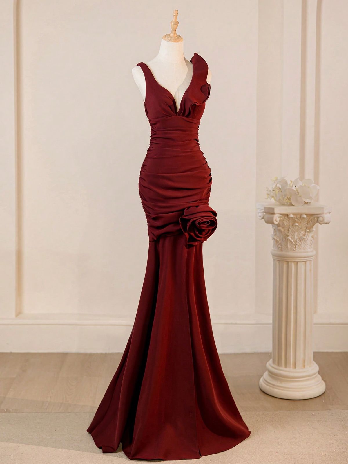 Sexy Mermaid V Neck Burgundy Satin Flower Long Prom Dresses Formal Dress - View 2 | VelvetHem