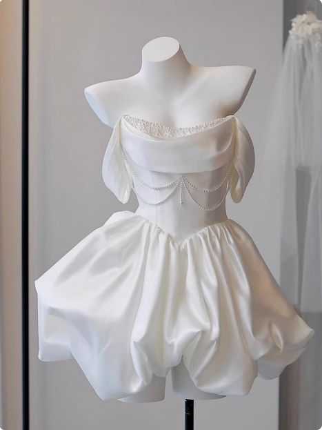 Pretty Ball Gown Off The Shoulder Satin Beads Short Homecoming Dress 18th Birthday Outfits - View 2 | VelvetHem