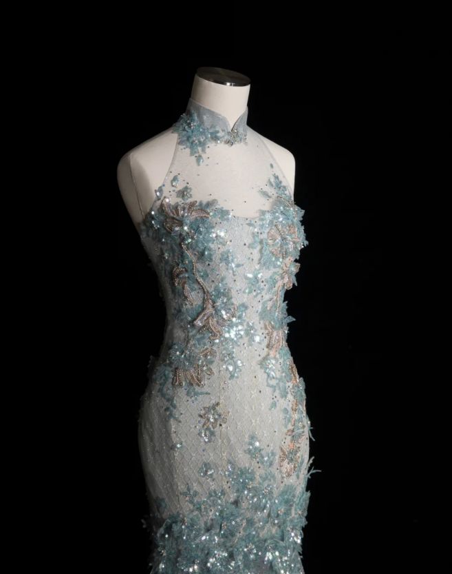 Style Classy Chinese Neck Mermaid Tulle Sequin Applique Long Prom Dress,Formal Dress - View 5 | VelvetHem