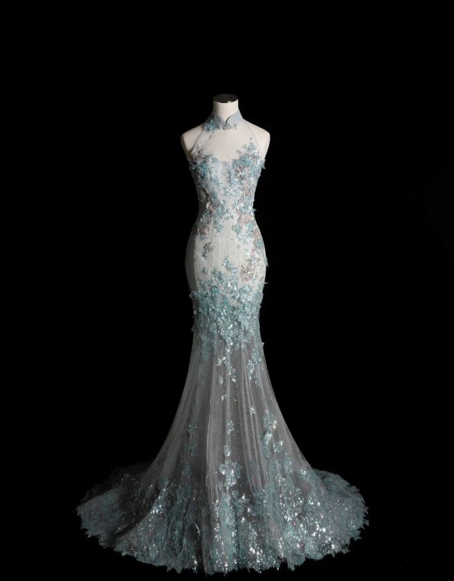 Style Classy Chinese Neck Mermaid Tulle Sequin Applique Long Prom Dress,Formal Dress - View 2 | VelvetHem