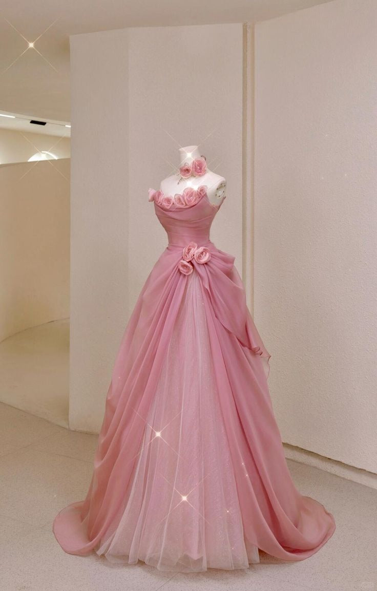 Princess Ball Gown Strapless Chiffon Tulle With Flowers Long Prom Dress,Formal Dress - View 2 | VelvetHem