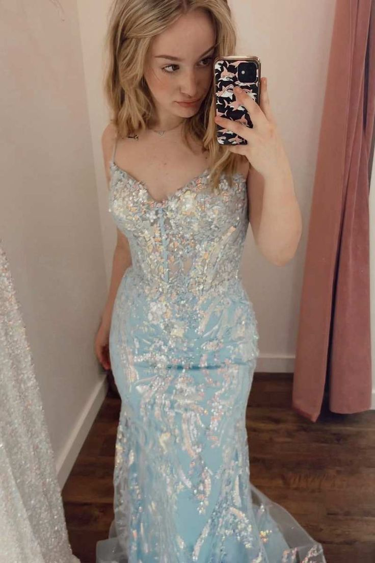 Light Blue Lace Backless Mermaid Long Prom Dress - VelvetHem
