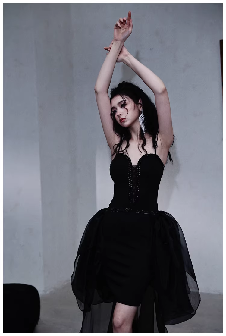 Gorgeous Black Organza Satin Beaded Long Party Dress Birthday Evening Dress - View 2 | VelvetHem