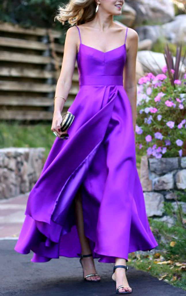 Spaghetti Straps Purple Satin Prom Dress Tea Length Wedding Party Formal Gown - VelvetHem