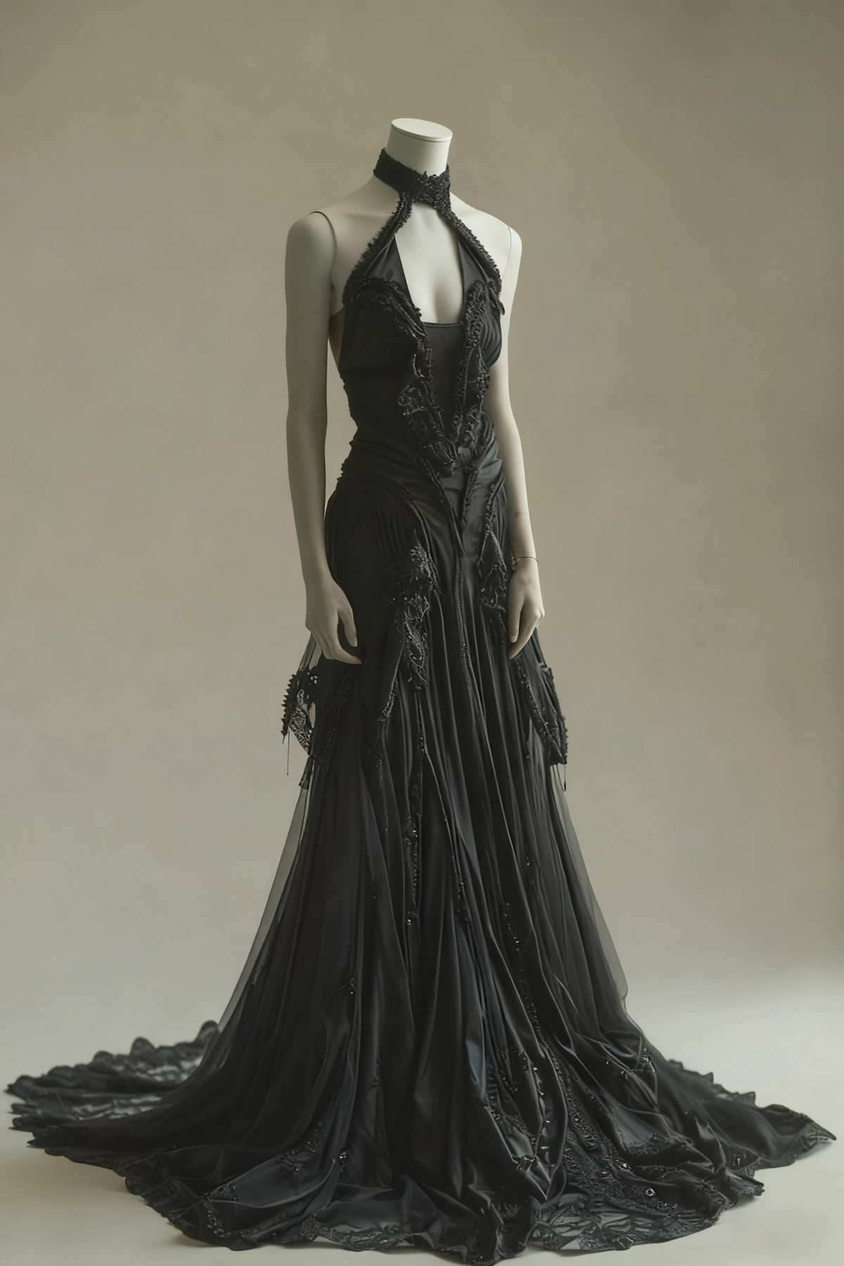 Vintage A Line Halter Black Satin Tulle Lace Long Prom Dress,Formal Dress - View 2 | VelvetHem