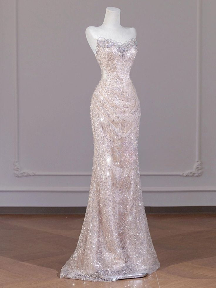 Shiny Mermaid Strapless Tulle Sequin Long Prom Dress,Formal Evening Dress - View 3 | VelvetHem