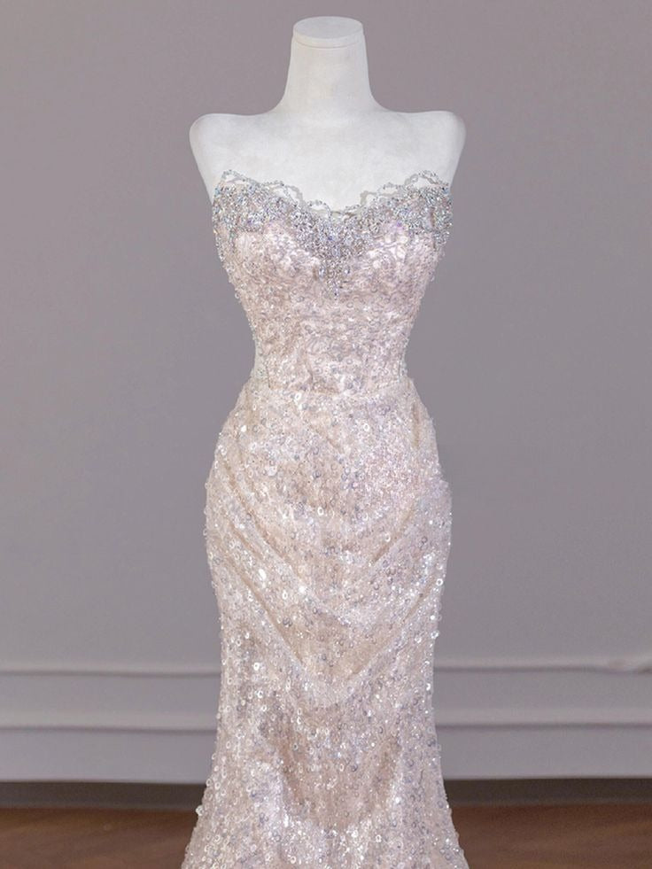 Shiny Mermaid Strapless Tulle Sequin Long Prom Dress,Formal Evening Dress - View 4 | VelvetHem