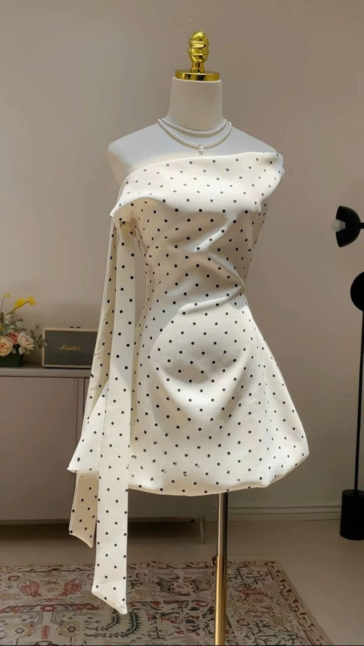 Chic A Line Off The Shoulder Polka Dots Satin Short Homecoming Dress 19th Birthday Outfits - View 2 | VelvetHem
