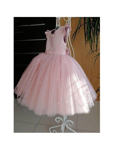 Pink Ball Gown Satin Tulle Ruffle Sleeves Back With Bow Knot Flower Girl Dress - View 2 | VelvetHem