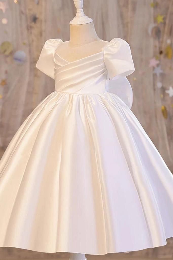 Simple A Line Pleated Satin With Short Sleeves Flower Girl Dress - VelvetHem