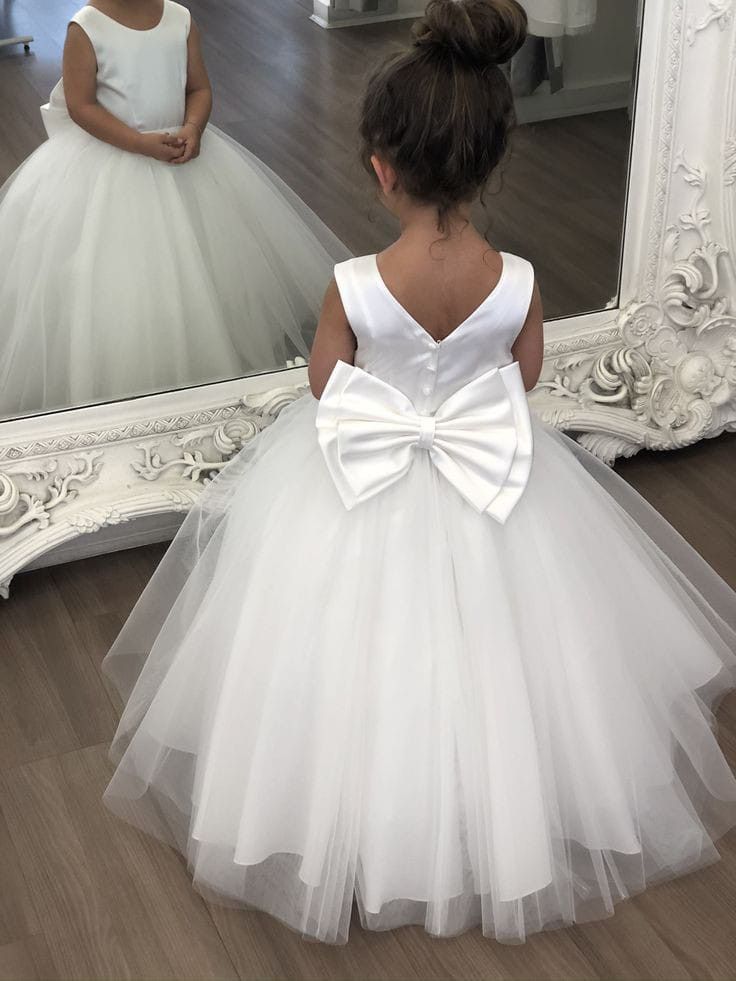 Sweet A Line Satin Tulle Back With Bow Knot Flower Girl Dress - VelvetHem