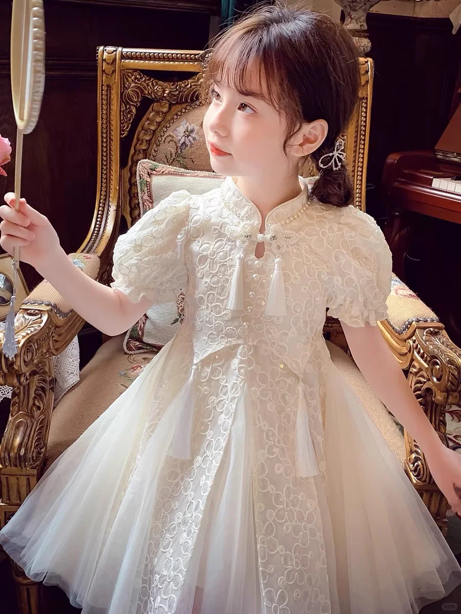 Sweet A Line High Neck Tulle Lace With Short Sleeves Flower Girl Dress - VelvetHem