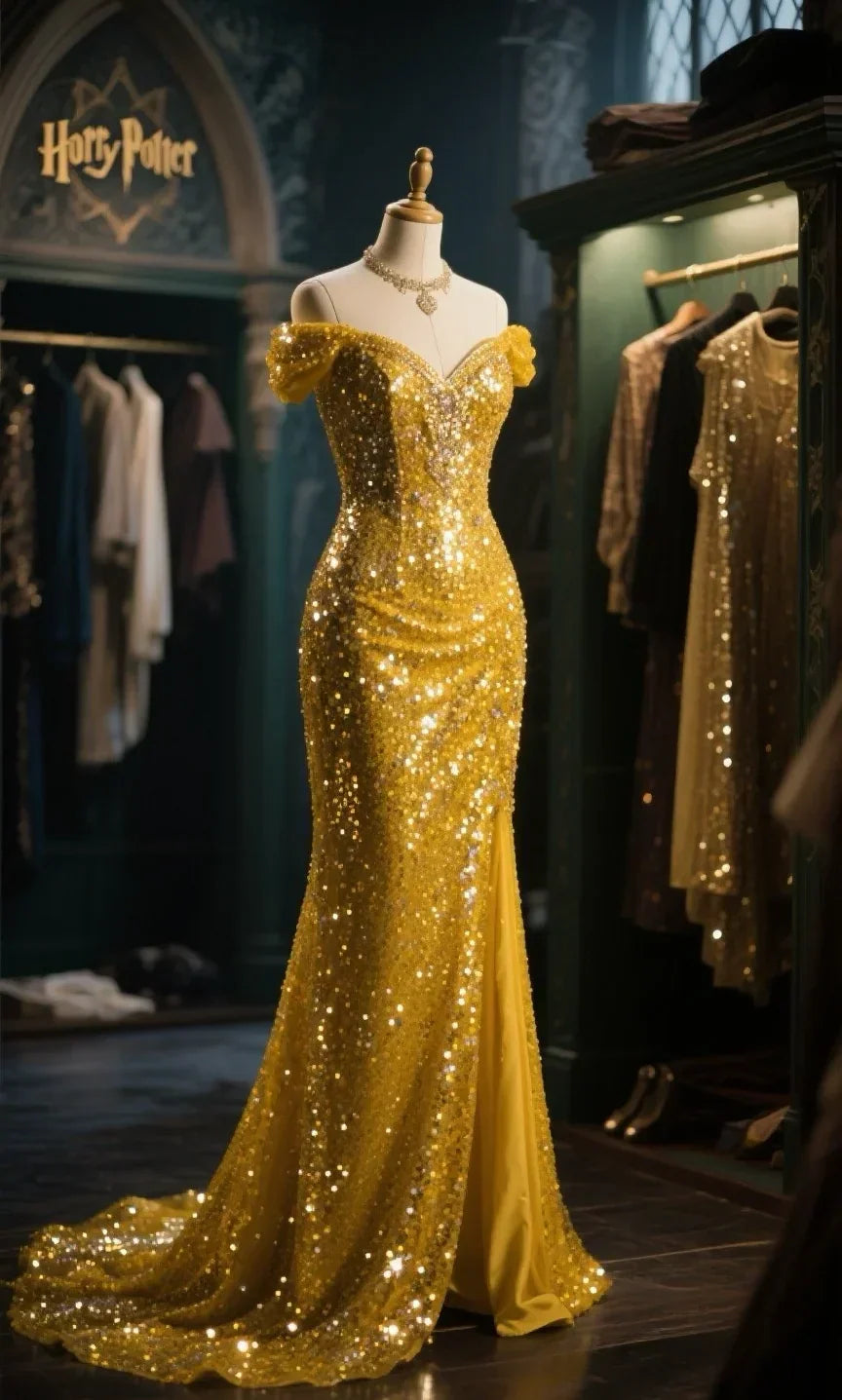 Sexy Yellow Mermaid Off The Shoulder Sequin Slit Long Prom Dress, Evening Dress