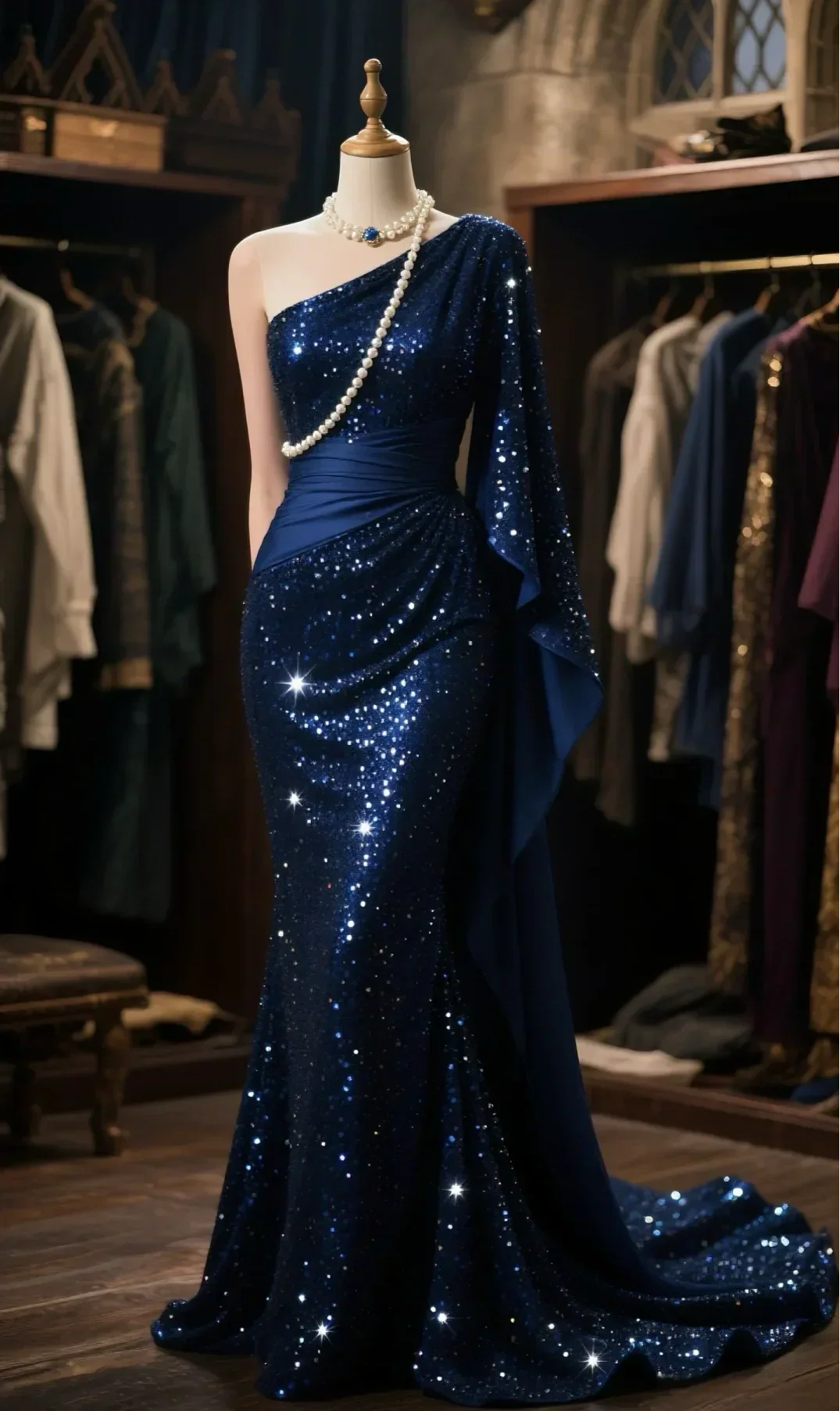 Mermaid Navy Satin Sequin One Shoulder Cape Long Prom Dress, Evening Dress