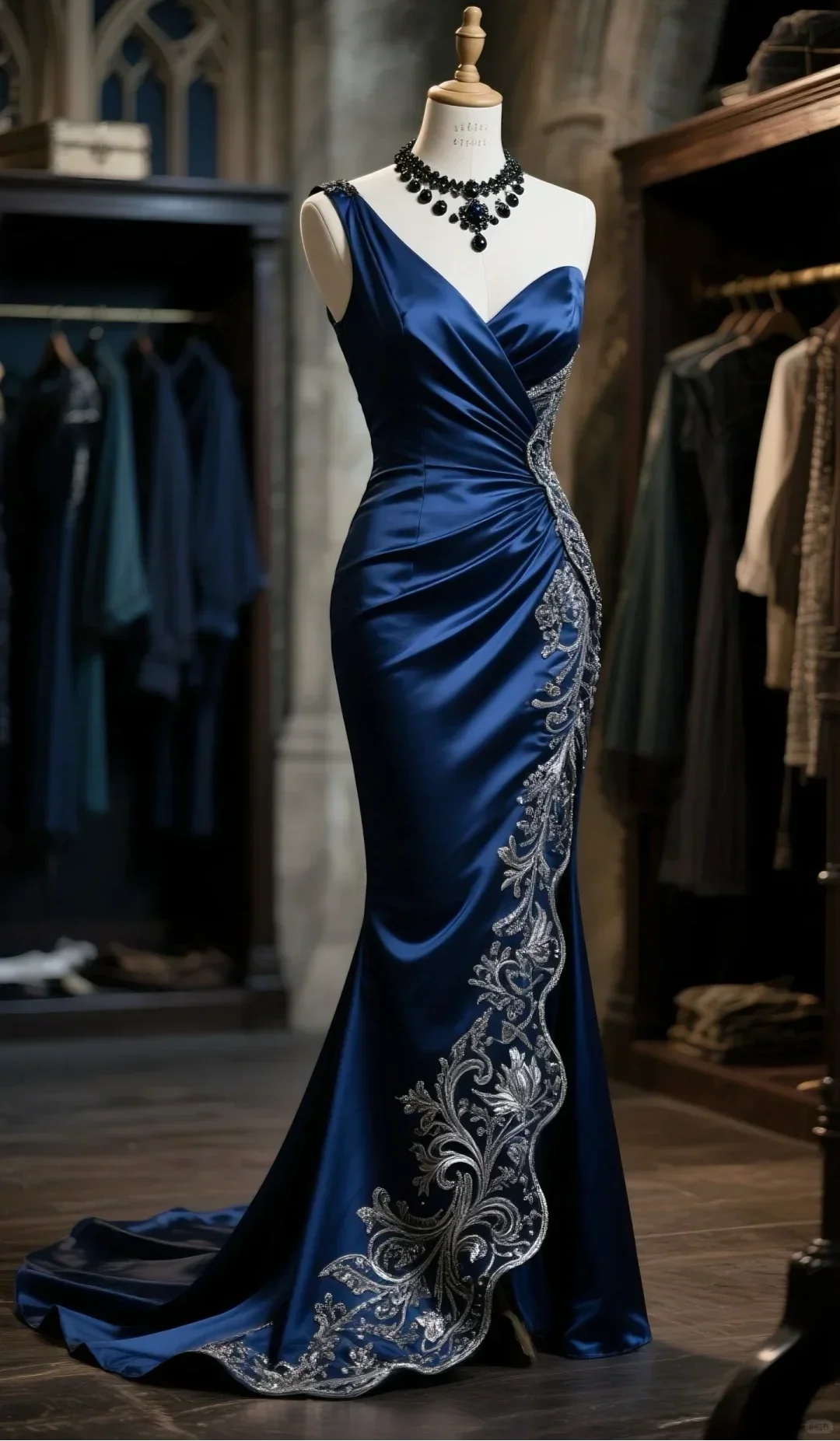Mermaid One Shoulder Navy Satin Ruffle Long Prom Dress, Evening Dress