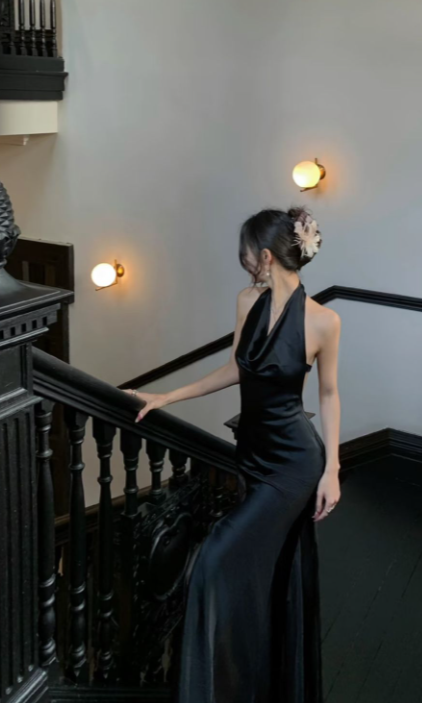 Sexy Mermaid Black Halter Satin Long Prom Dress, Evening Dress - View 2 | VelvetHem