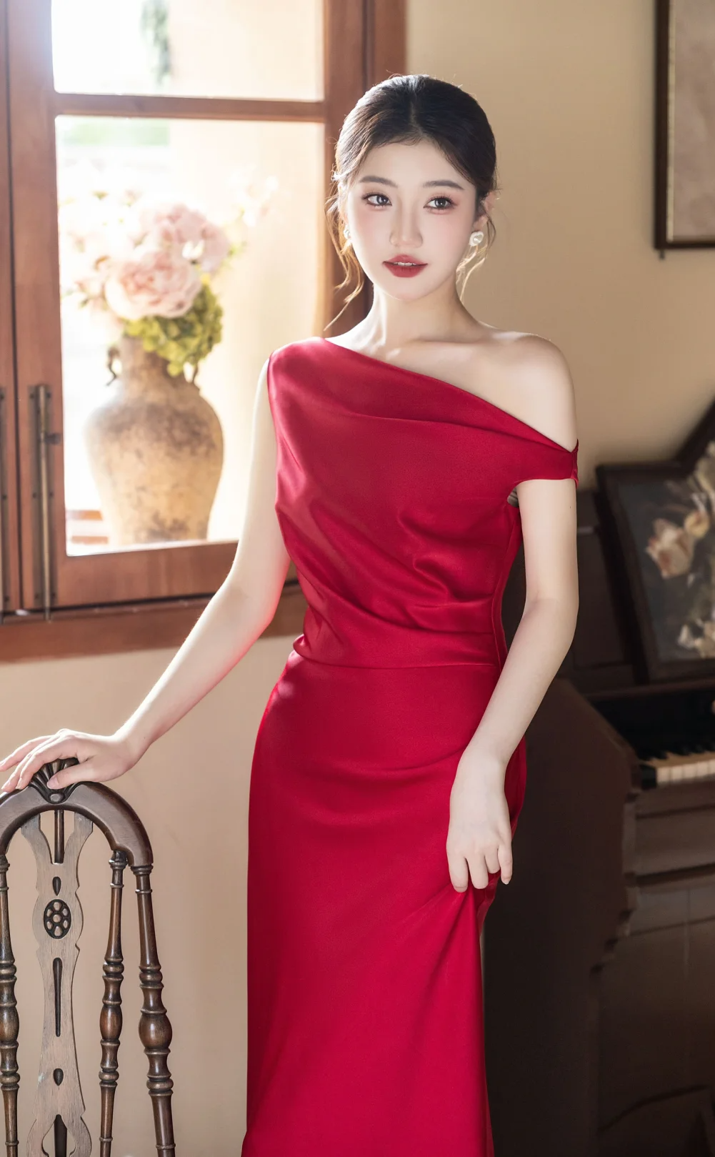 Classy Burgundy Mermaid Off The Shoulder Satin Long Prom Dress, Evening Dress - View 2 | VelvetHem