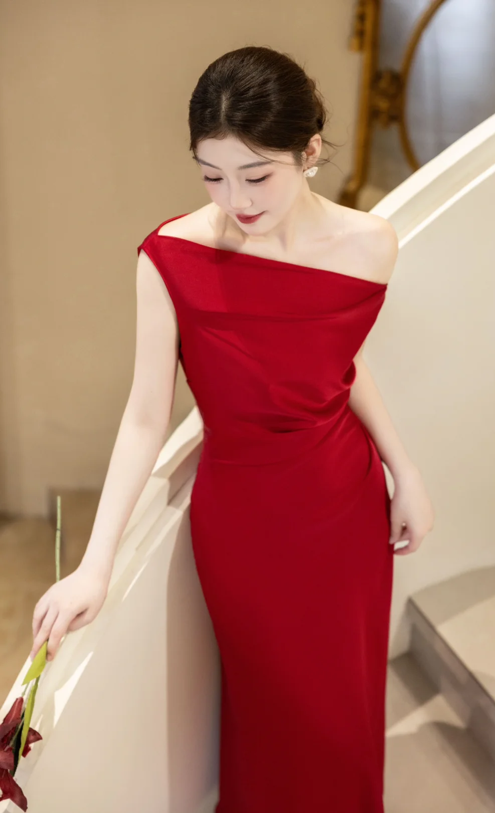 Classy Burgundy Mermaid Off The Shoulder Satin Long Prom Dress, Evening Dress - View 3 | VelvetHem