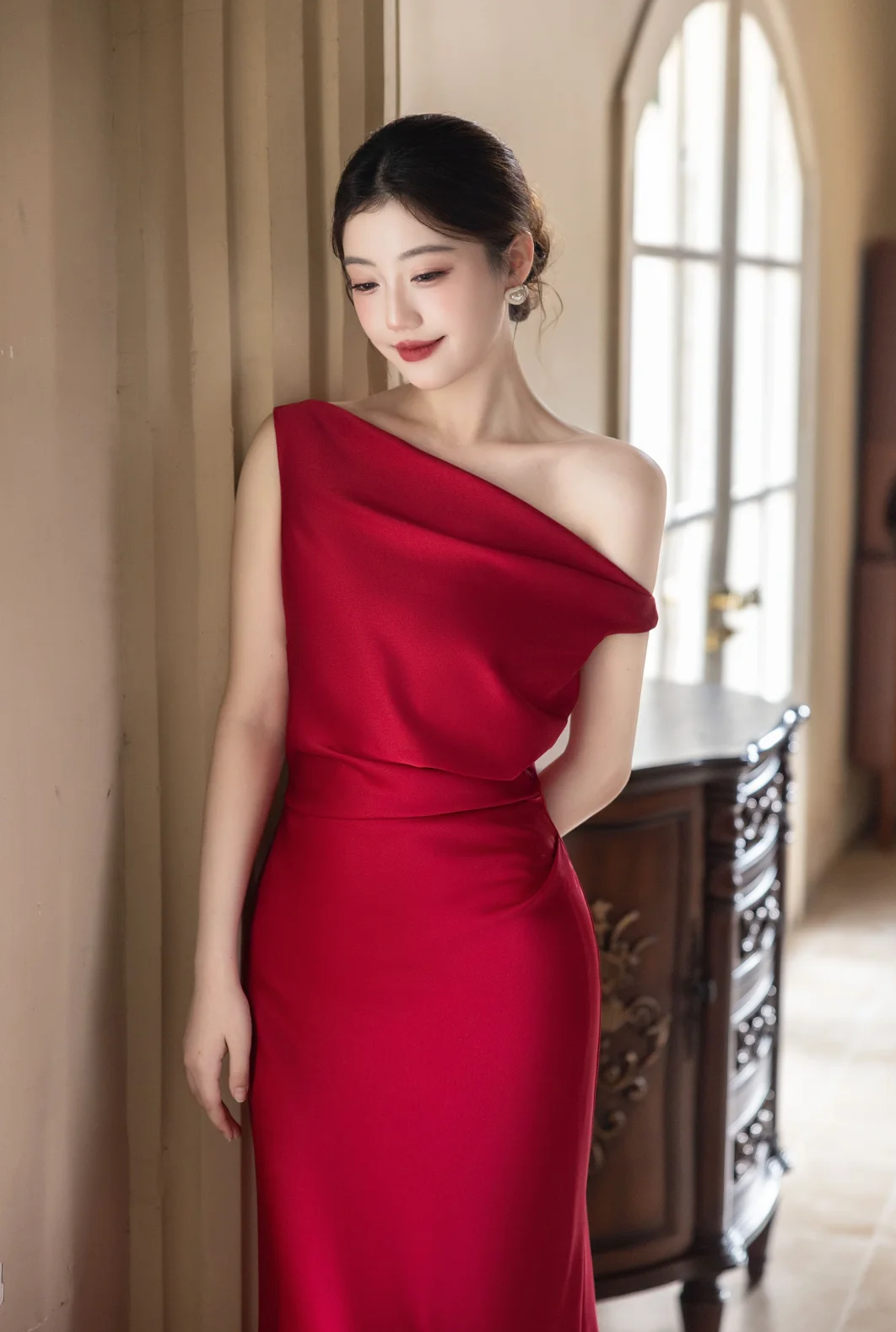 Classy Burgundy Mermaid Off The Shoulder Satin Long Prom Dress, Evening Dress - View 4 | VelvetHem