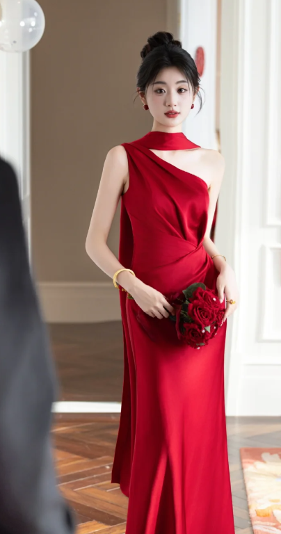 Chic Mermaid One Shoulder Burgundy Satin Long Prom Dress, Evening Dress - View 2 | VelvetHem