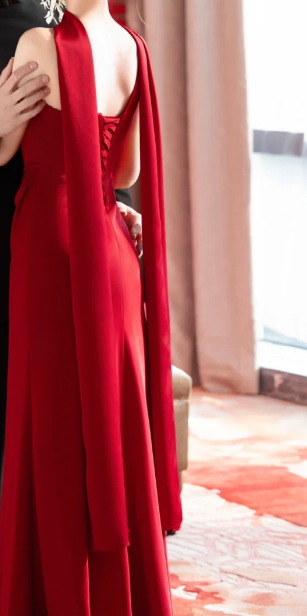 Chic Mermaid One Shoulder Burgundy Satin Long Prom Dress, Evening Dress - View 3 | VelvetHem