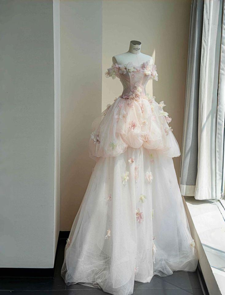 Sweet A Line Strapless Tulle Applique Long Prom Dress, Evening Dress - VelvetHem
