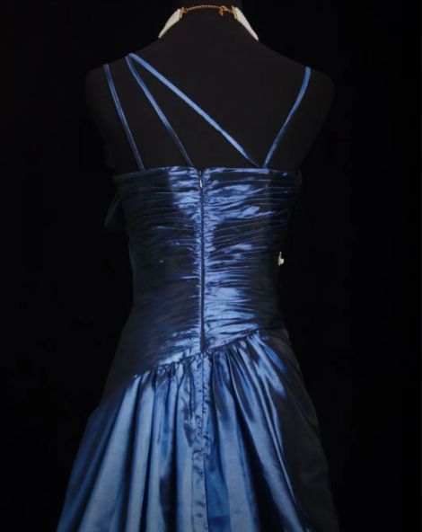 Chic A Line Spaghetti Straps Navy Satin Beaded Long Prom Dress, Evening Dress - View 4 | VelvetHem