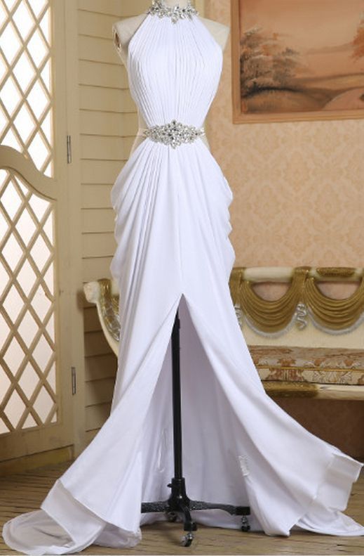 Classy White A Line Halter Satin Beaded Slit Long Prom Dress, Evening Dress - View 2 | VelvetHem
