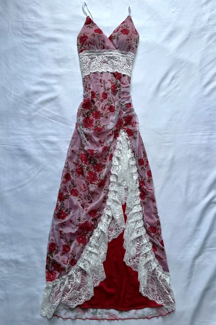 Gorgeous Sexy Spaghetti Straps Chiffon Printed Floral Lace Slit Without Sleeves Long Prom Dress, Evening Dress