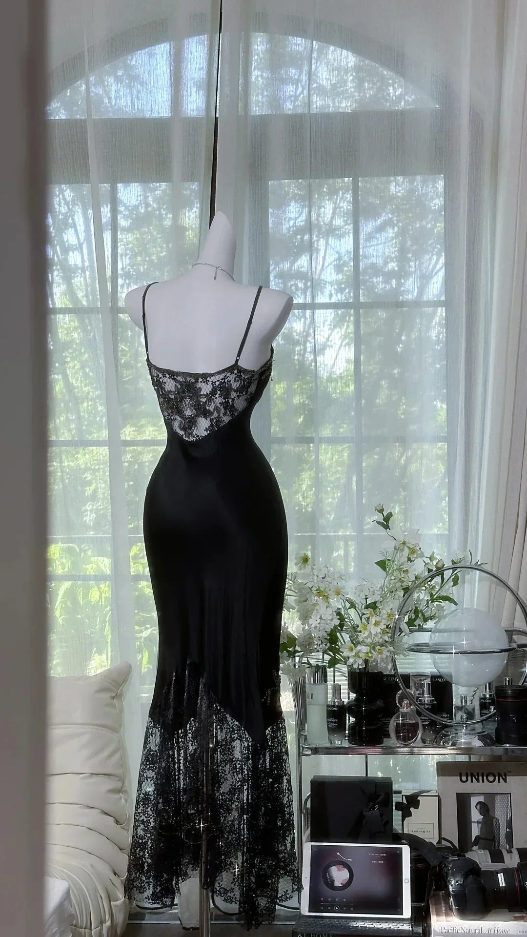 Black Charming Mermaid Spaghetti Straps Satin Lace Sequin Without Sleeves Long Prom Dress, Evening Dress