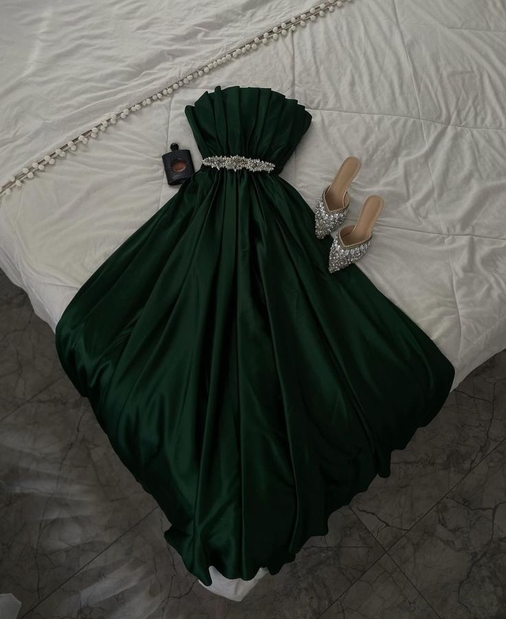 Dark Green A Line Strapless Pleated Satin Beaded Without Sleeves Long Prom Dress, Evening Dress - VelvetHem