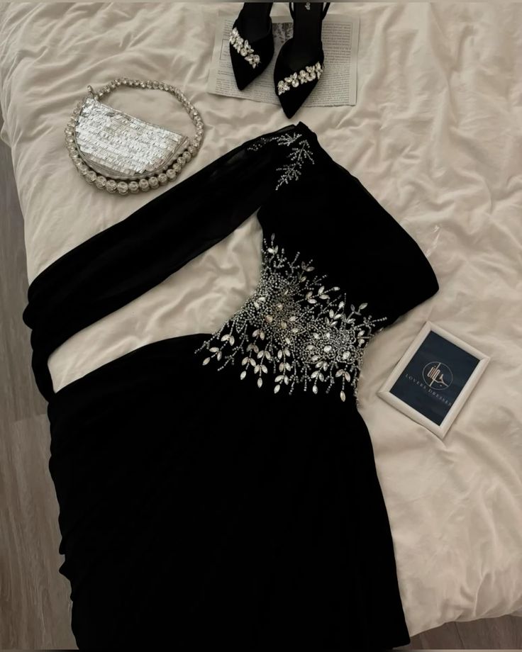Black A Line One Shoulder Satin Beaded Without Sleeves Long Prom Dress, Evening Dress - VelvetHem