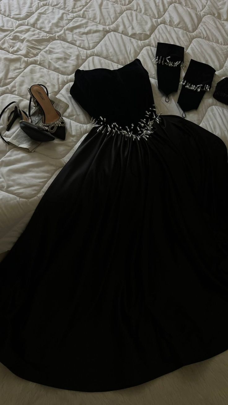 Classy A Line Strapless Black Satin Beaded Without Sleeves Long Prom Dress, Evening Dress - VelvetHem
