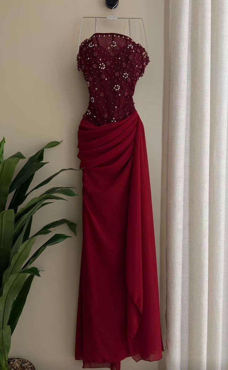 Pretty Mermaid Burgundy Strapless Pleated Chiffon Beaded Without Sleeves Long Prom Dress, Evening Dress - View 2 | VelvetHem