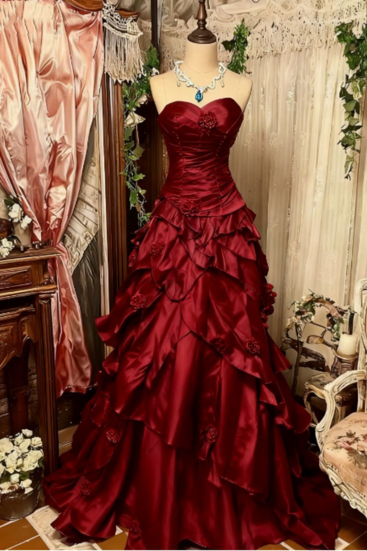 Vintage Burgundy A Line Sweetheart Satin Without Sleeves Long Prom Dress, Evening Dress - VelvetHem
