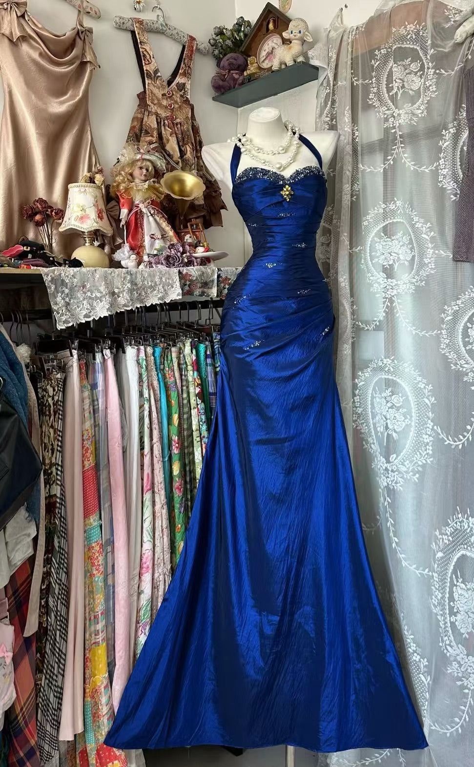 Charming Mermaid Halter Royal Blue Satin Beaded Without Sleeves Long Prom Dress, Evening Dress - View 2 | VelvetHem