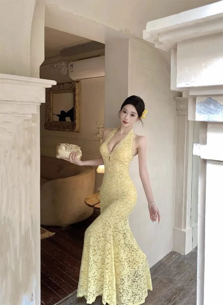 Sexy Pastel Yellow Mermaid Halter Lace Without Sleeves Long Prom Dress, Evening Dress - View 6 | VelvetHem