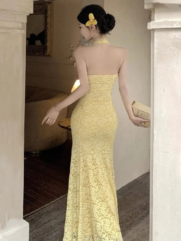 Sexy Pastel Yellow Mermaid Halter Lace Without Sleeves Long Prom Dress, Evening Dress - View 8 | VelvetHem