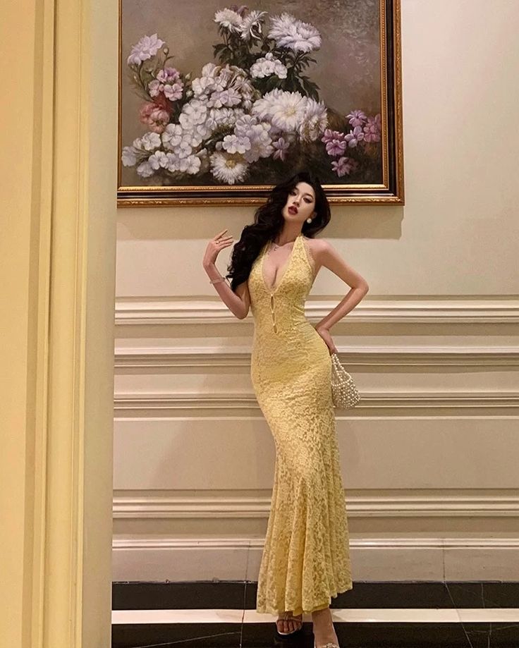 Sexy Pastel Yellow Mermaid Halter Lace Without Sleeves Long Prom Dress, Evening Dress - View 2 | VelvetHem