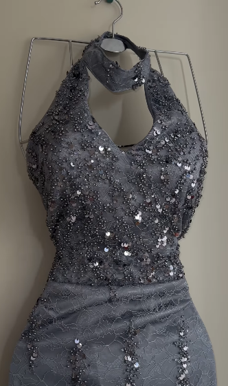 Shiny Gray Mermaid Halter Tulle Sequin Without Sleeves Long Prom Dress, Evening Dress - View 5 | VelvetHem