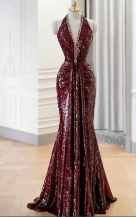 Dark Burgundy Mermaid Halter Sequin Without Sleeves Long Prom Dress, Evening Dress - View 2 | VelvetHem