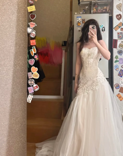 Elegant Mermaid Strapless Tulle Beaded Without Sleeves Long Prom Dress, Evening Dress - View 2 | VelvetHem