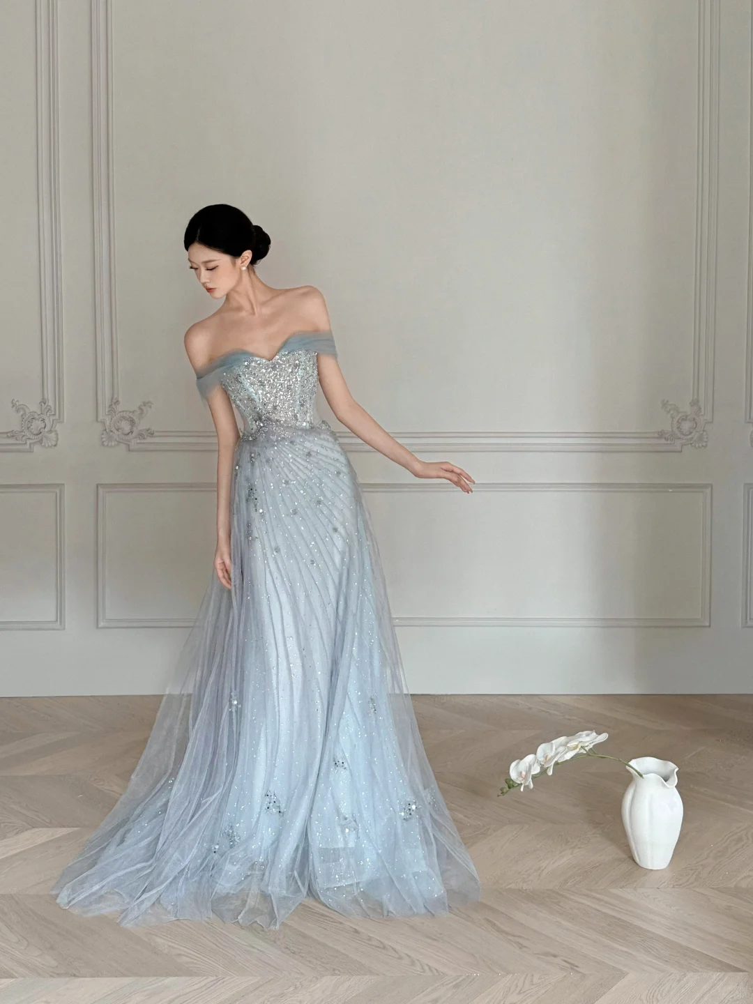 Obsessed A Line Off The Shoulder Tulle Beaded Without Sleeves Long Prom Dress, Evening Dress - View 2 | VelvetHem