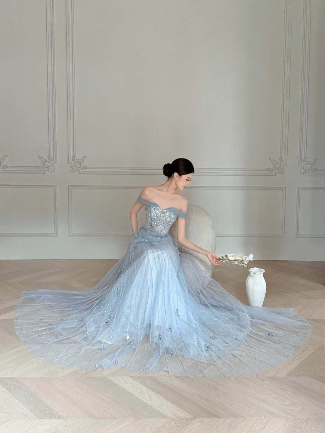 Obsessed A Line Off The Shoulder Tulle Beaded Without Sleeves Long Prom Dress, Evening Dress - View 3 | VelvetHem