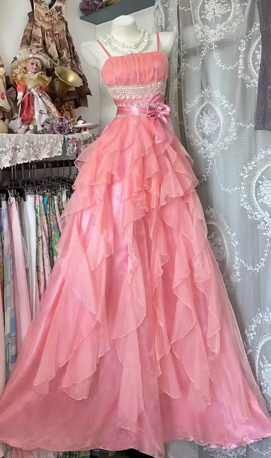 Cute Soft Pink A Line Spaghetti Straps Ruffle Chiffon Without Sleeves Long Prom Dress, Evening Dress - VelvetHem