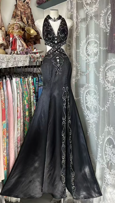 Gorgeous Mermaid Halter Black Satin Beaded Backless Without Sleeves Long Prom Dress, Evening Dress - VelvetHem