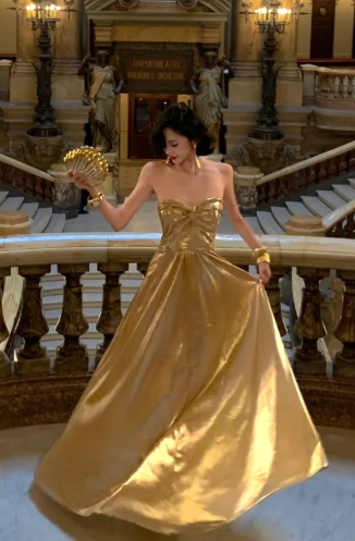 Gold A Line Strapless Satin Without Sleeves Long Prom Dress, Evening Dress - View 4 | VelvetHem