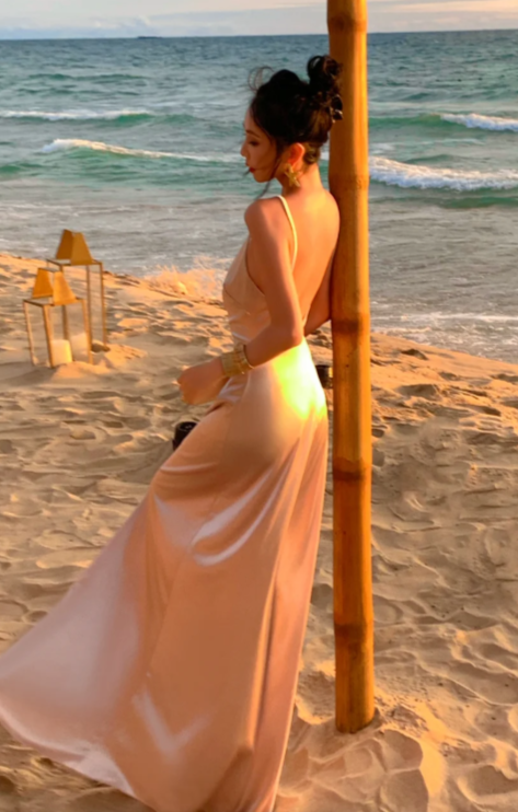 Sexy A Line Spaghetti Straps Satin Backless Without Sleeves Long Prom Dress, Evening Dress - View 3 | VelvetHem