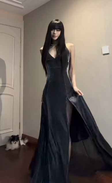 Charming A Line Spaghetti Straps Satin Slit Without Sleeves Long Prom Dress, Evening Dress - View 2 | VelvetHem