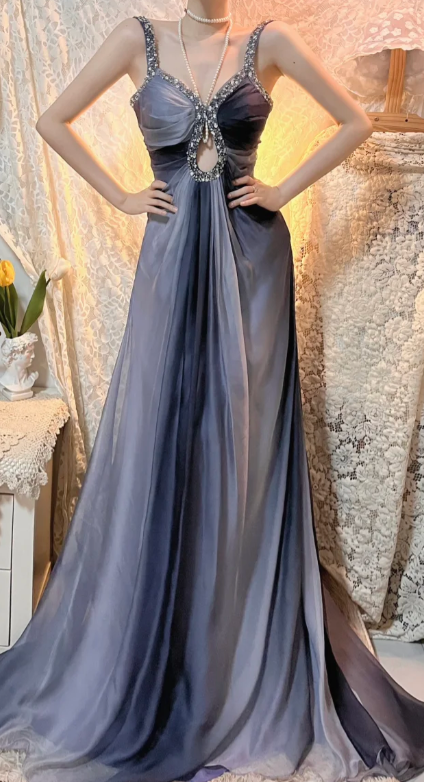 Gradient A Line Spaghetti Straps Chiffon Beaded Without Sleeves Long Prom Dress, Evening Dress - View 2 | VelvetHem